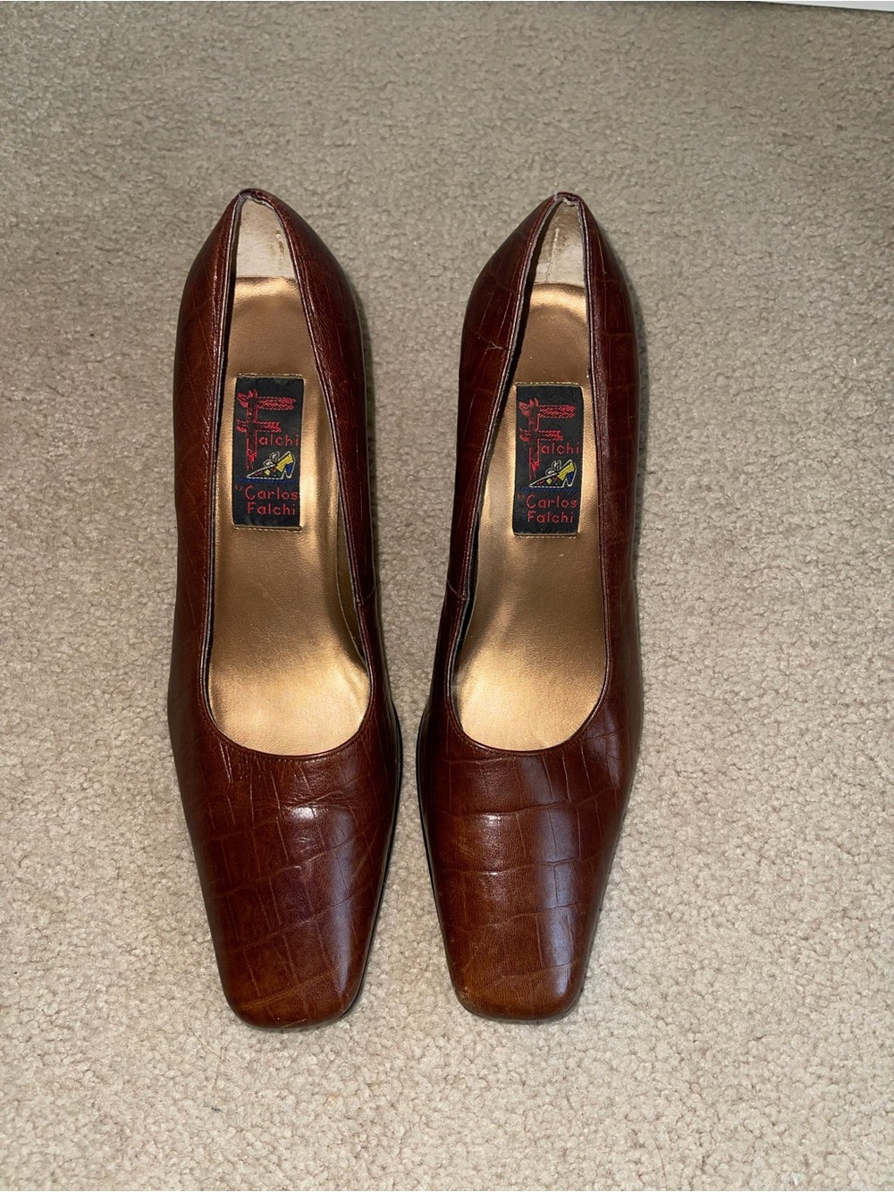 Vintage Carlos Falchi Brown Croc Embossed Leather Heels Size 8B Y2K Kitten Heels